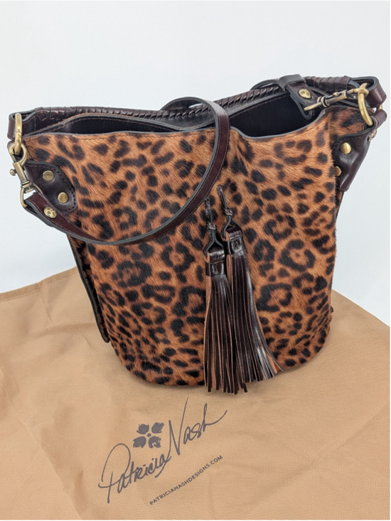 Patricia Nash Handbags - Patricia Nash Torresina Leopard Calf Hair Leather Bucket Bag Crossbody Tassels